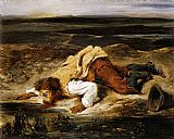 Eugene Delacroix Canvas Paintings - A Mortally Wounded Brigand Quenches his Thirst